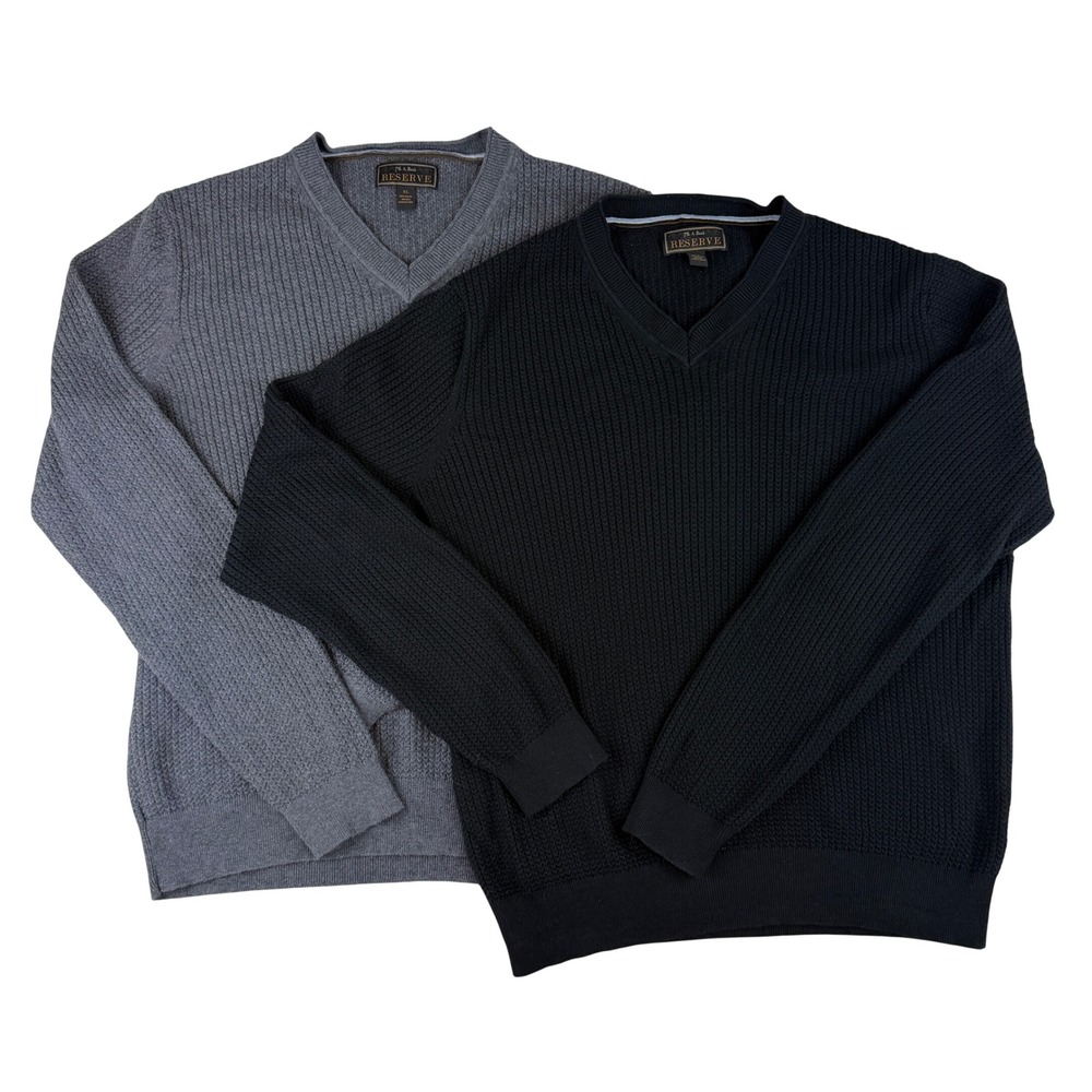 Jos. A. Bank Sweater Mens XL Black Grey Cotton Silk V-Neck Ribbed Knit 2 Pack